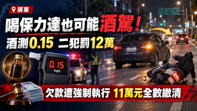 港灣新聞網 / 「只是喝保力達提神」酒測仍超標!屏東男挨罰12萬 欠11萬遭執行才繳清